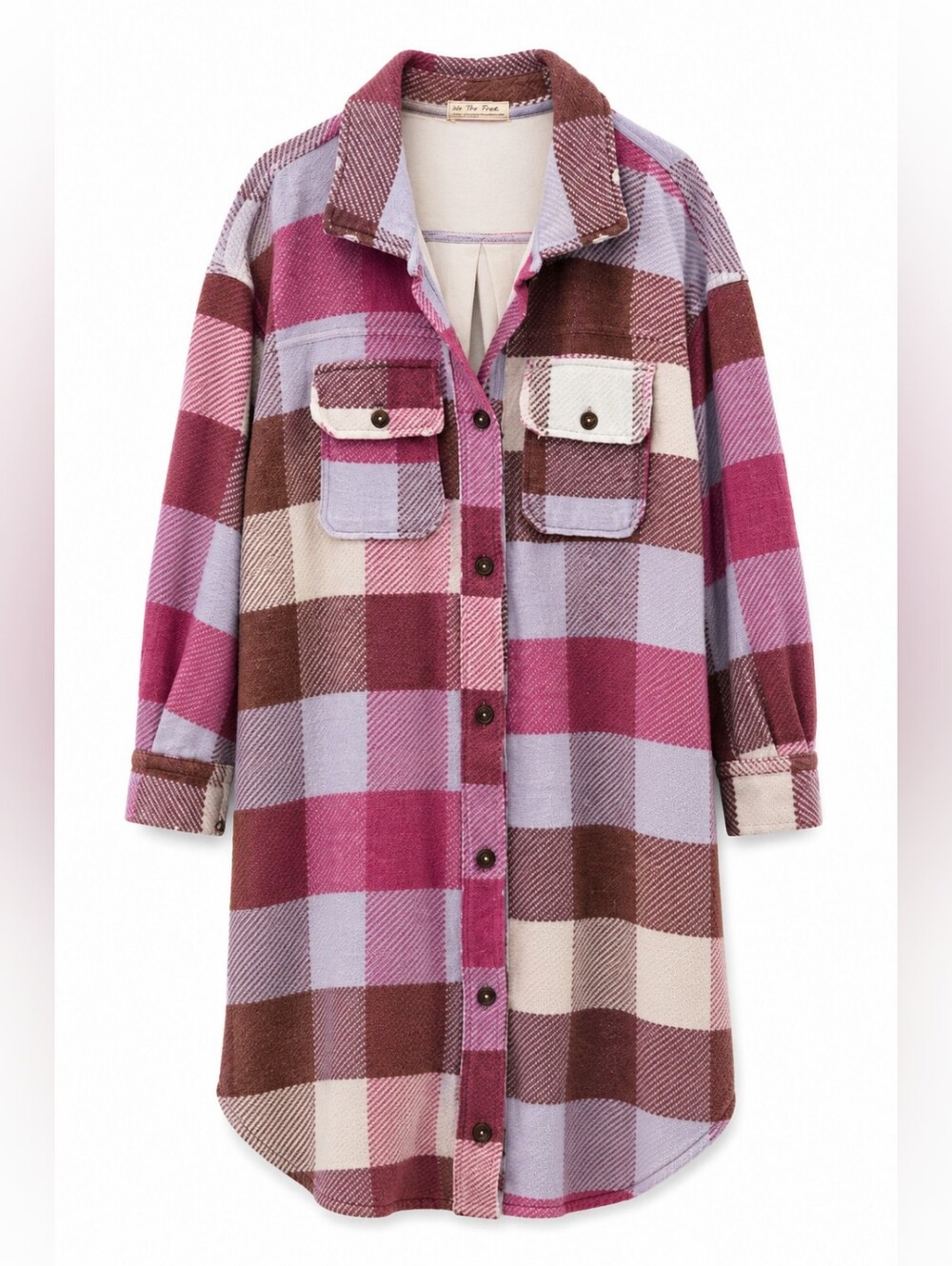 We The Free Ruby Jacket, Plaid Long Shacket, Blue, Mauve & Chocolate, M